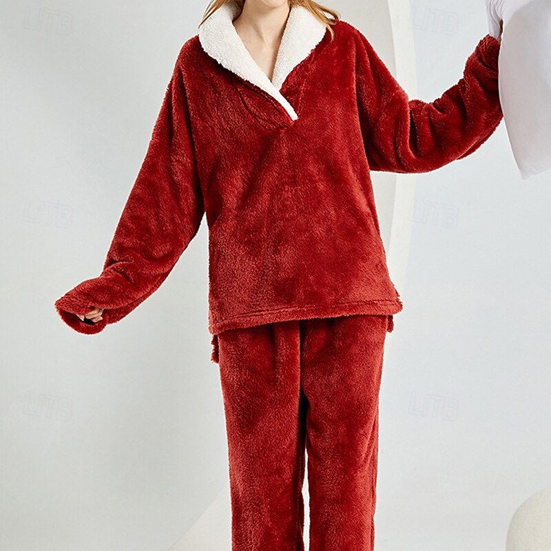 Women's Pajamas Loungewear Simple Casual Soft Pure Color Patchwork Pant Vacation Home Bed Long Sleeve Lapel Pink Red Blue Purple Gray Fall Winter Tailored Fit Loose Fit4