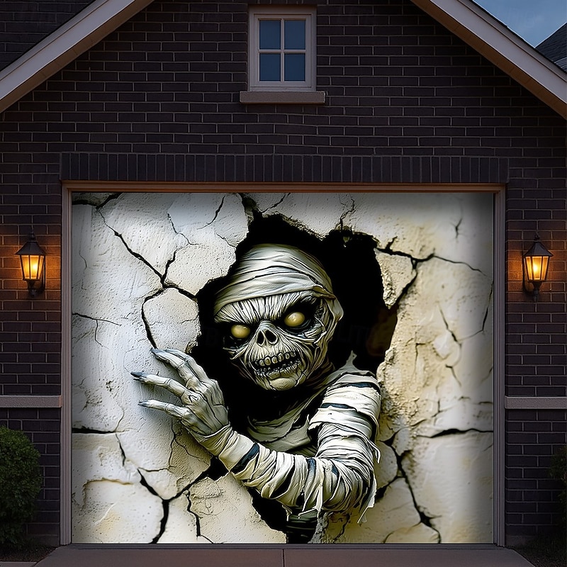 Halloween Garage Door Cover 3D Cracked Wall Mummy with Glowing Eyes Banner Haunted House Horror Scene Spooky Backdrop Tapestry for Outdoor Wall Fence Yard Halloween Party Decoration2