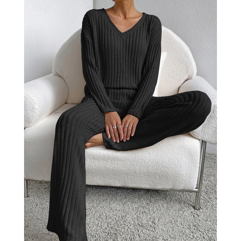 Women's Sweater Pullover Streetwear Casual Solid Color V Neck Pocket Knitted Long Sleeve Regular Tops Knit Outdoor Daily Going out Black Navy Blue Fall Winter2