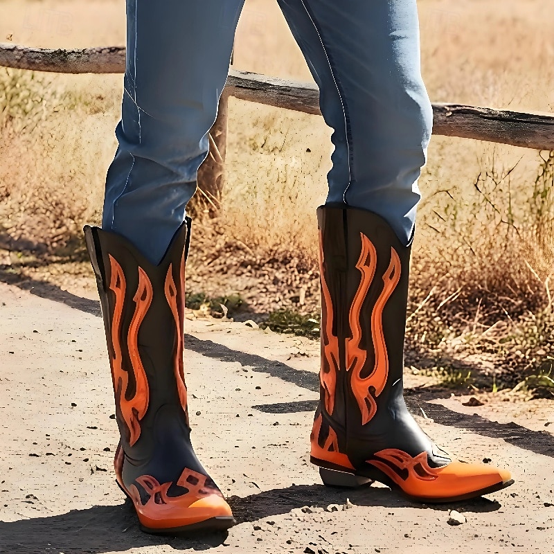 Men's Black and Orange Mid-Calf Western Cowboy Boots - Bold Flame Design with High-Gloss Finish for Rodeo and Fashion Wear2