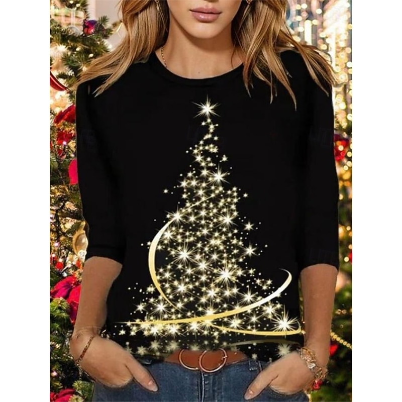 Christmas Women's T Shirt Graphic Christmas Tree Vintage Fashion Stylish Long Sleeve Crew Neck Round Neck Regular Tops Daily Weekend Print Black Red Blue Green Spring Fall Winter