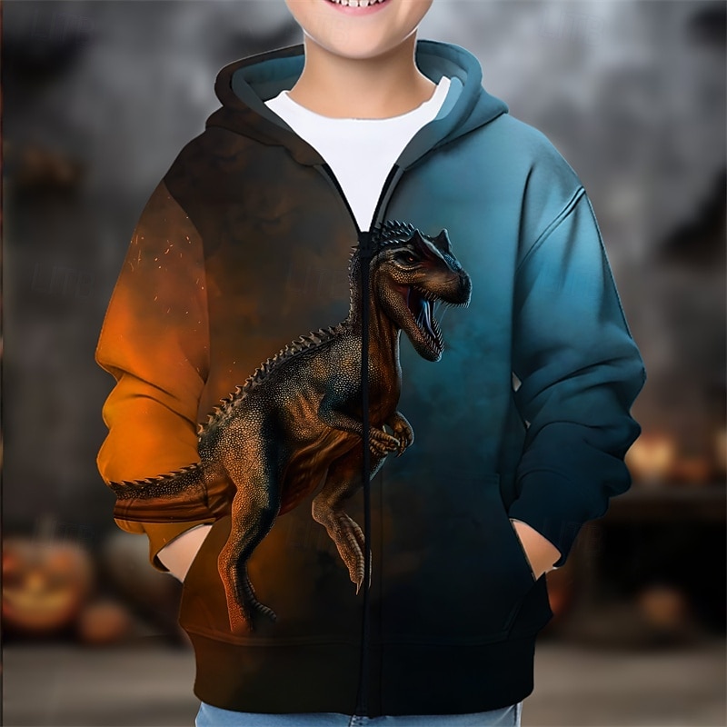 Halloween Boys' 3D Dinosaur Hoodie Coat Outerwear Long Sleeve Spring Fall Adorable Sport Kids 4-12 Years Zip Street Daily Regular Fit