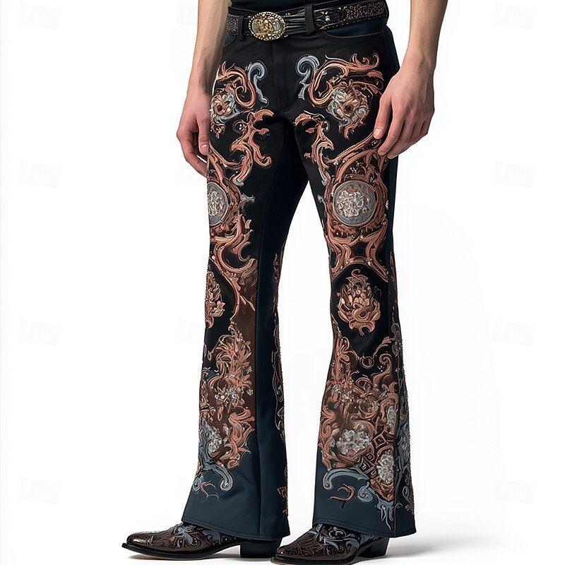 Men's Floral Print Ethnic Flowers Disco Pants 60s 70s Bell Bottoms Mid Waist Western Vintage Retro Outdoor Vacation Side Pockets Flared Leg Pants Trousers Spring Fall 3D Print Dark Blue