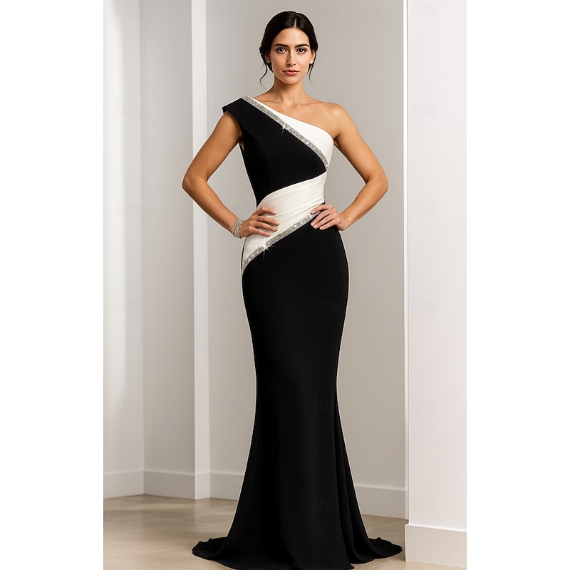 Black and White Mermaid Evening Gown Elegant Dress Wedding Formal Floor Length Sleeveless One Shoulder Stretch Crepe with Glitter Ruched