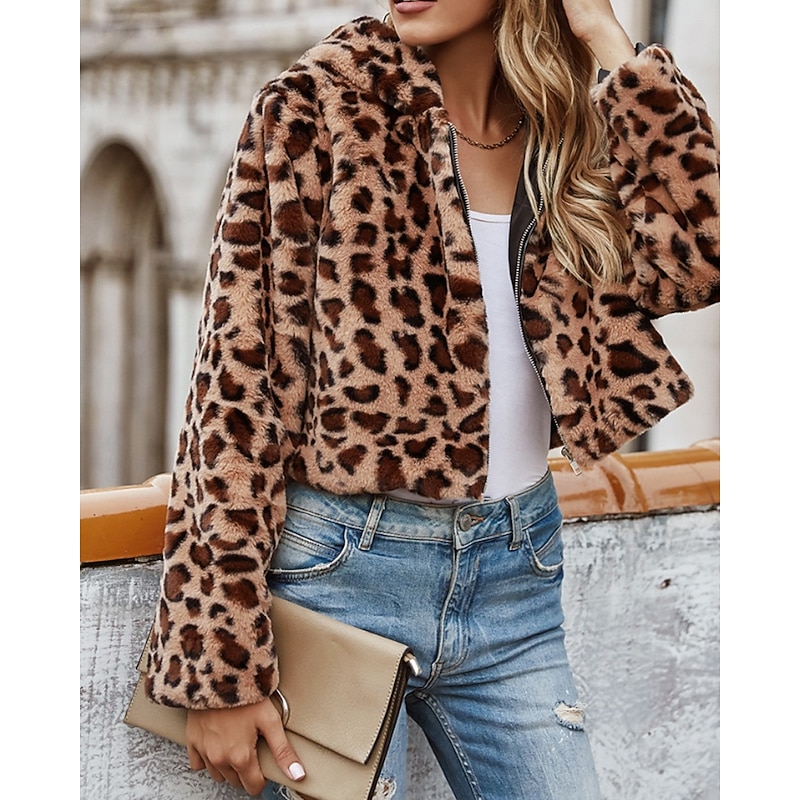 Women's Jacket Faux Fur Coat Hoodie Jacket Warm Comfortable Zipper Furs & Leathers Casual Leopard Vacation Street Daily Going out Short Hooded Regular Fit Long Sleeve Outerwear Yellow Pink Green Fall