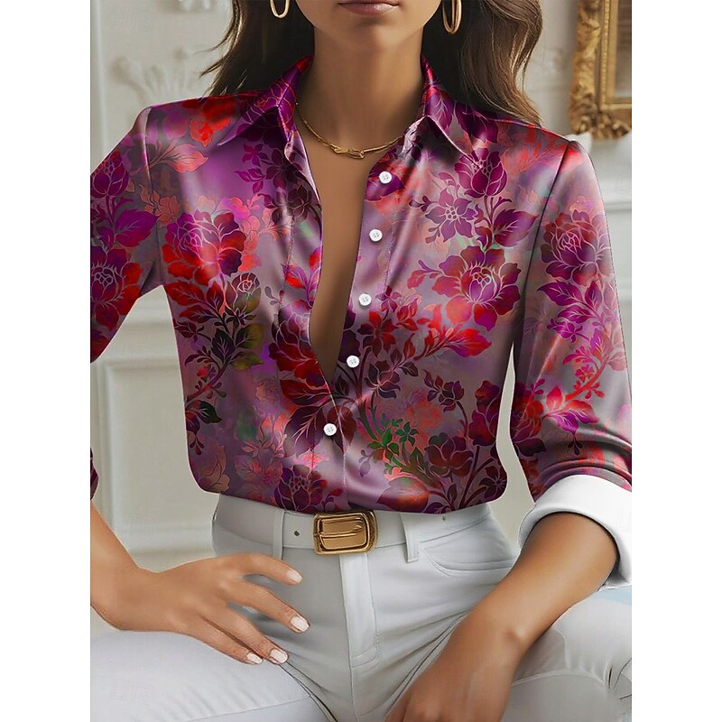 Women's Shirt Floral Graphic Elegant Stylish Basic Long Sleeve Shirt Collar Regular Tops Work Daily Red Blue Purple Brown Green Spring Fall Winter3