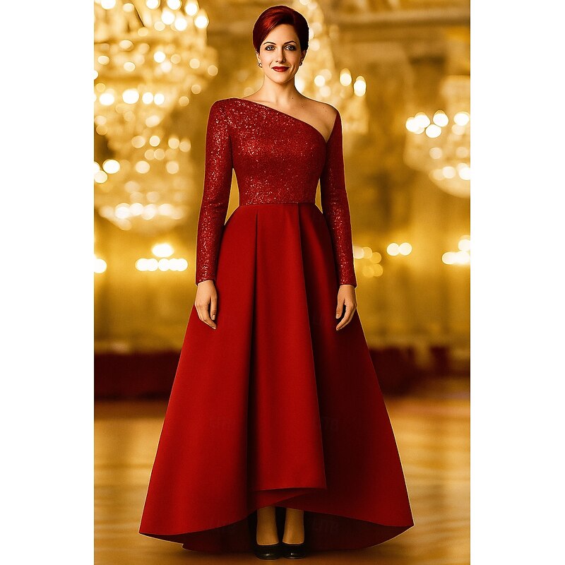 Black Red A-Line Evening Gown Elegant Dress Formal Wedding Asymmetrical Long Sleeve One Shoulder Pocket Satin with Glitter Shawl 20254