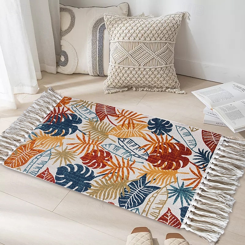 Woven Tassel Rug For Outdoor Picnic Camping Mat Portable Washable Plant Floral Pattern Floor Carpet Decorative Soft Durable Travel Blanket Home Garden Beach Accessories4