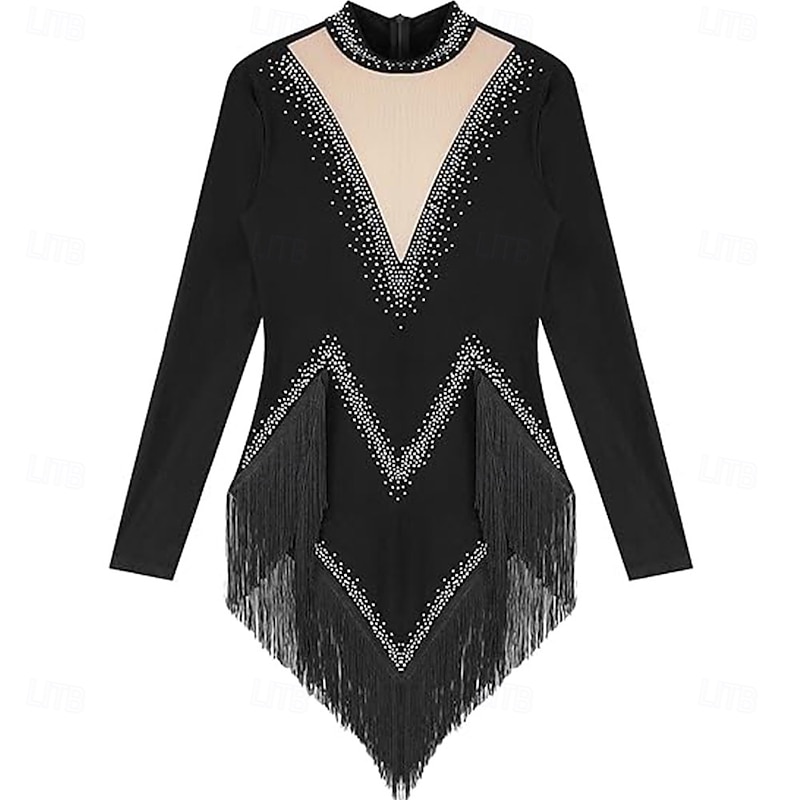 Women's Sparkly Latin Dance Dress Long Sleeve Tassel Cha Cha Salsa Rumba Tango Performance Costume3