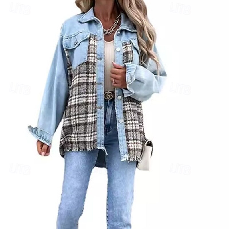 Women's Casual Jacket Denim Jacket Warm Comfortable Pocket Buttons Fashion Outdoor Color Block Going out Weekend Single Breasted Regular Lapel Regular Fit Long Sleeve Outerwear Blue Fall Winter2