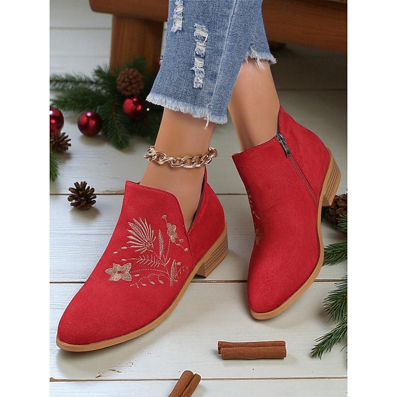 Women's Red Ankle Boots – Faux Suede Embroidered Zipper Low Heel Booties for Christmas, Parties and Casual Style4