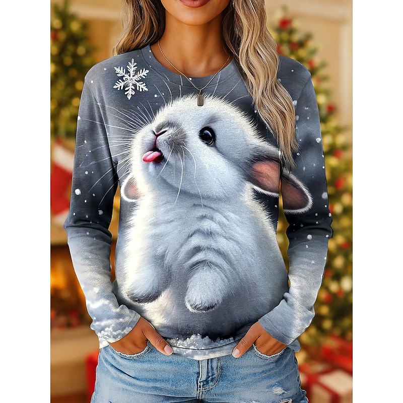 Christmas Women's T Shirt Graphic Santa Claus Vintage Fashion Stylish Long Sleeve Crew Neck Regular Tops Daily Weekend Print White Blue Green Gray Spring Fall Winter3