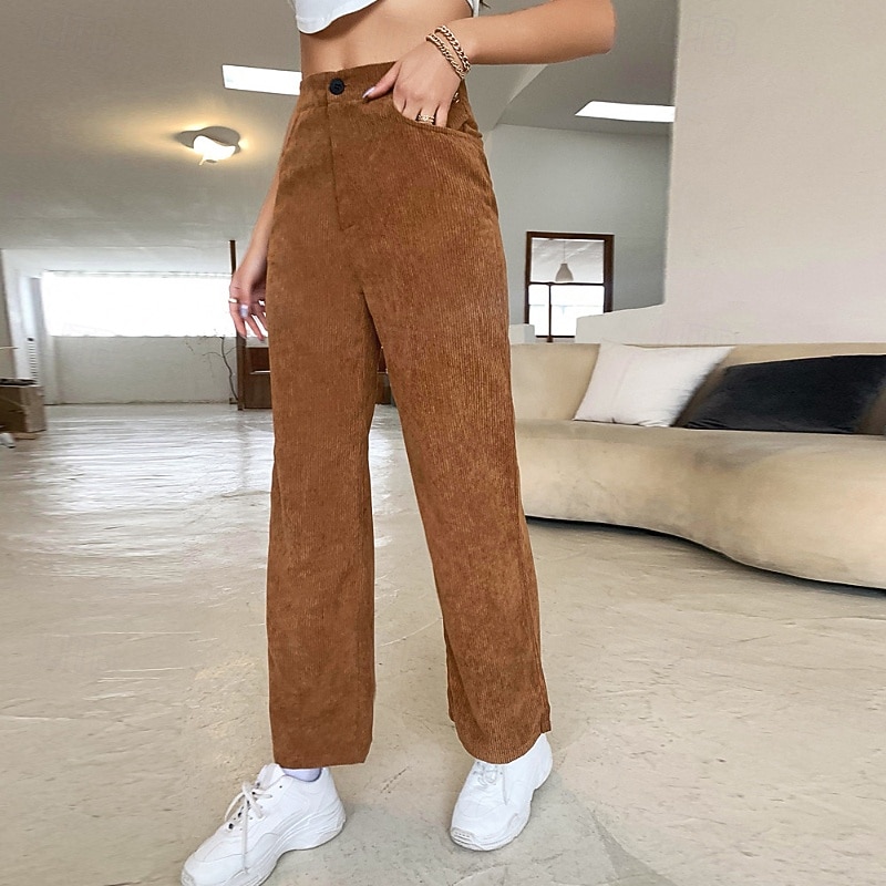 Women's Chinos Straight Casual Full Length Medium Waist Plain Pocket Comfy Micro-elastic Outdoor Daily Holiday dark brown Fall Winter Regular Fit
