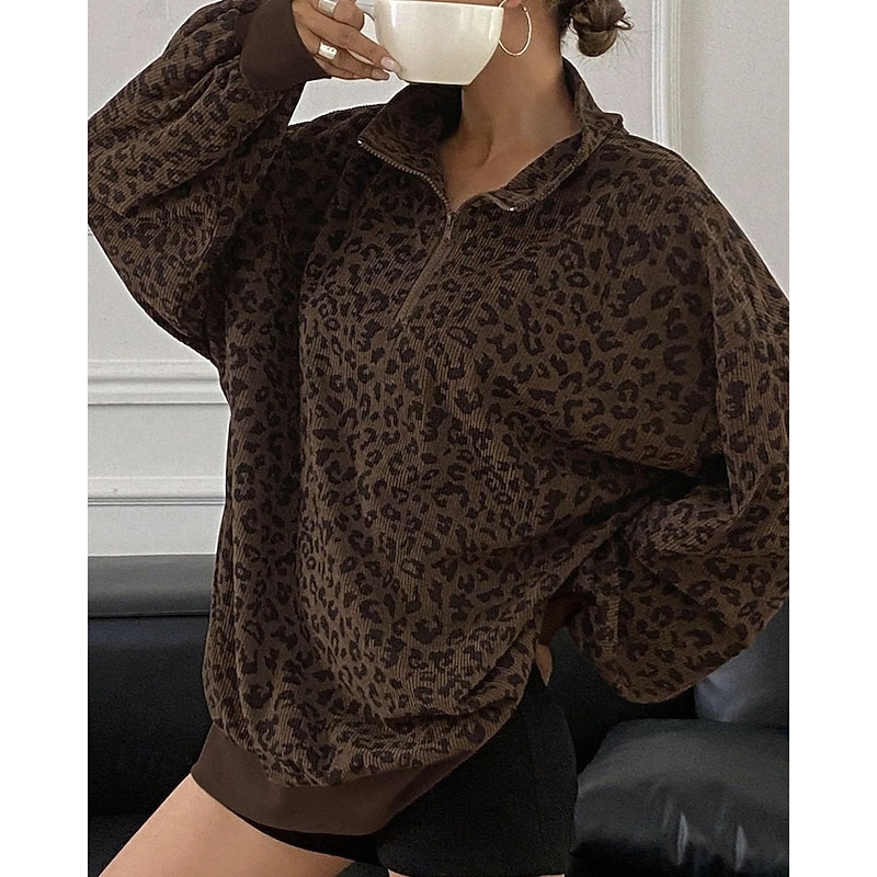 Women's Pullover Sweatshirts Zip Up Sweatshirts Leopard Sports Fashion Casual Long Sleeve High Neck Regular Tops Street Dailywear Half Zipper Quarter Zipper Print Black Brown Khaki Dark Gray Coffee3