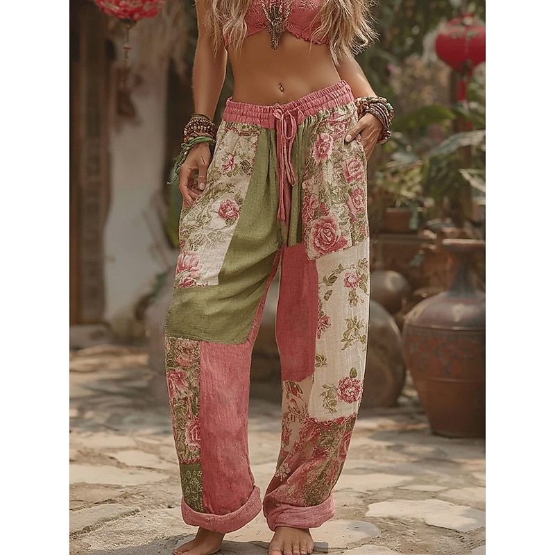 Women's Wide Leg Pants Trousers Vacation Vintage Fashion Full Length Mid Waist Floral Drawstring Patchwork Pocket Comfy Breathability Inelastic Micro-elastic Formal Outdoor Vacation Pink Summer