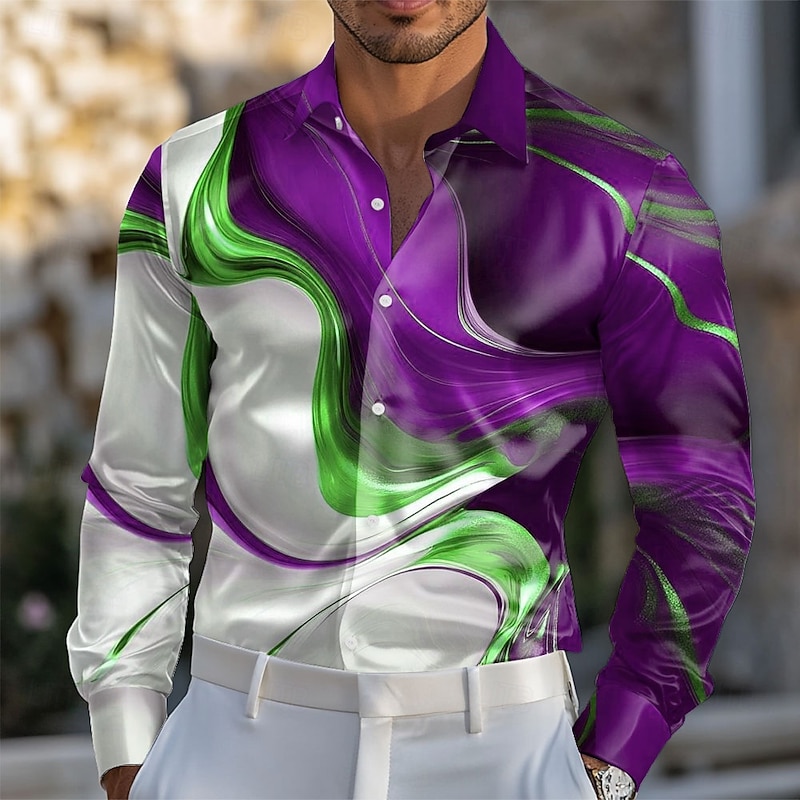 Men's Geometric Pattern Marble Abstract Liquid Art Shirt Satin Shirt Dress Shirt Long Sleeve Fashion Casual Vacation Dailywear Summer Spring Fall Turndown 3D Print Button Up Shirts Burgundy Blue2