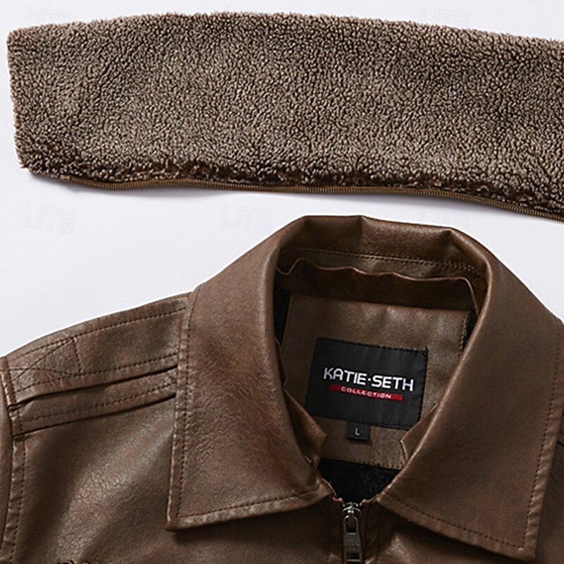 Men's Faux Leather Jacket Biker Jacket Motorcycle Jacket Vacation Daily Windproof Warm Pocket Fleece Winter Plain Fashion Classic Lapel Regular Faux Leather Black Coffee Gray Jacket4