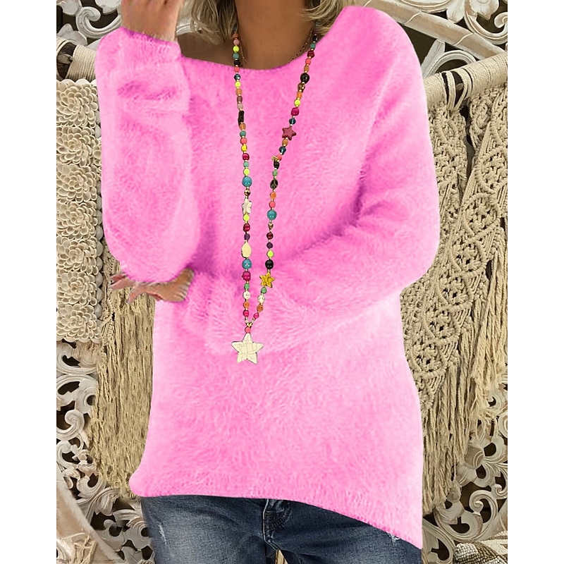 Women's Sweater Pullover Streetwear Casual Pure Color Ribbed Crew Neck Knitted Long Sleeve Regular Tops Knit Outdoor Daily Weekend Hot Pink Pink Fall Winter3