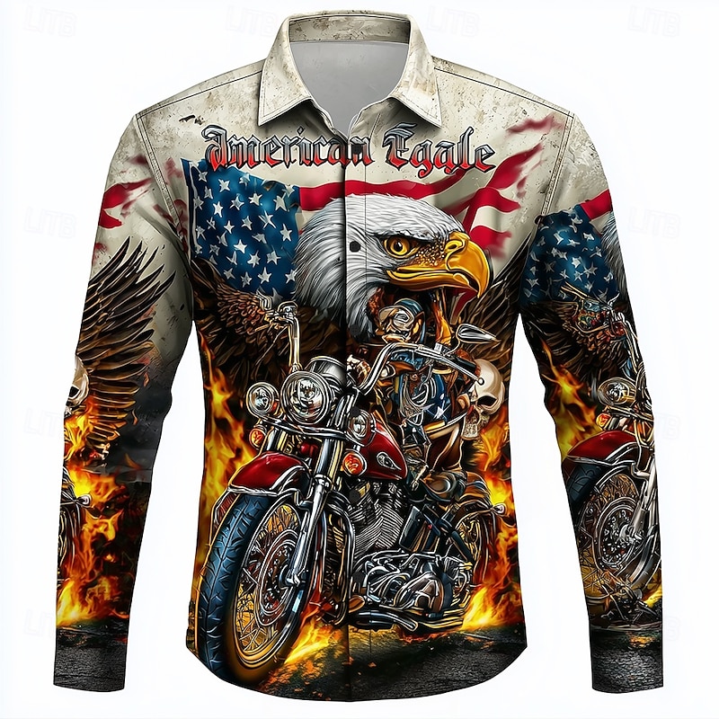 Men's Hellfire Flames American US Flag Eagle Shirt Button Up Shirt Long Sleeve Vintage Retro Outdoor Casual Holiday Spring Fall Turndown 3D Print Collared Shirts Khaki Beige