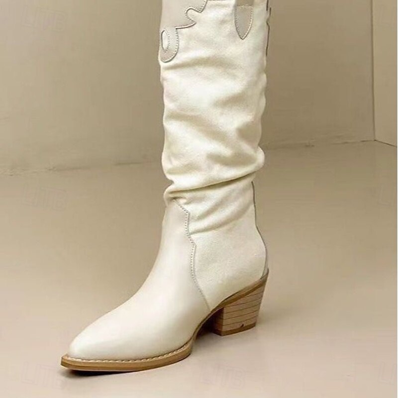 Women's Boots Combat Boots Office Daily Mid Calf Boots Block Heel Pointed Toe Casual Comfort Walking Denim Loafer Blue Beige4