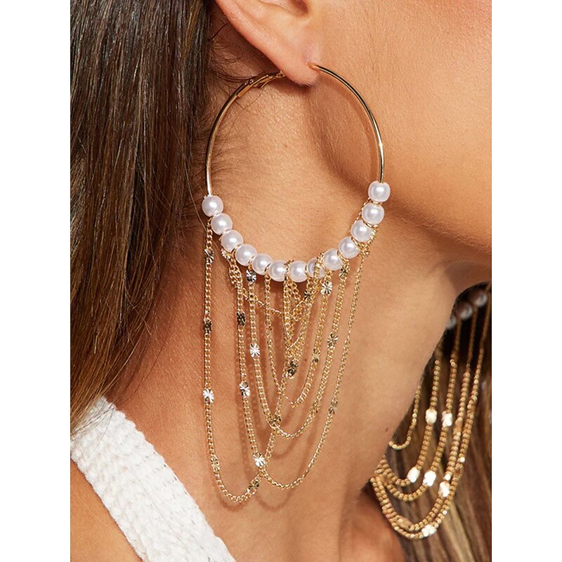 Women's Large Pearl Hoop Earrings with Layered Gold Chains - Statement Jewelry for Party Outfits, Nightclub Fashion & Special Occasions