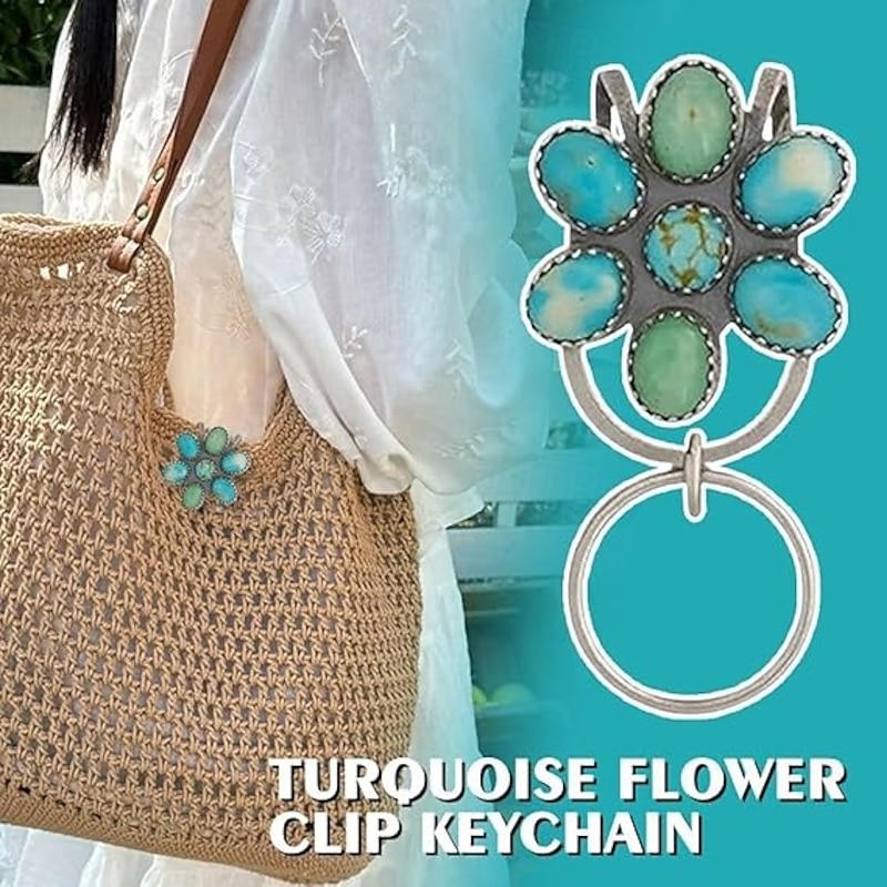 Turquoise Bloom Bag Clip Key Holder Bohemian Keychain With Hook Women Bag Accessory For School Desk Travel Daily Offices Car4