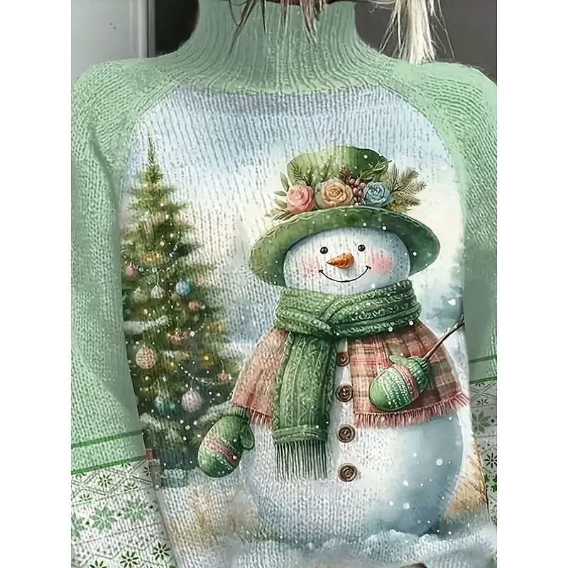 Women's Sweater Pullover Daily Casual Graphic Christmas Tree Snowman Ribbed Turtleneck Knitted Print Long Sleeve Regular Tops Knit Outdoor Weekend Green Fall Winter3