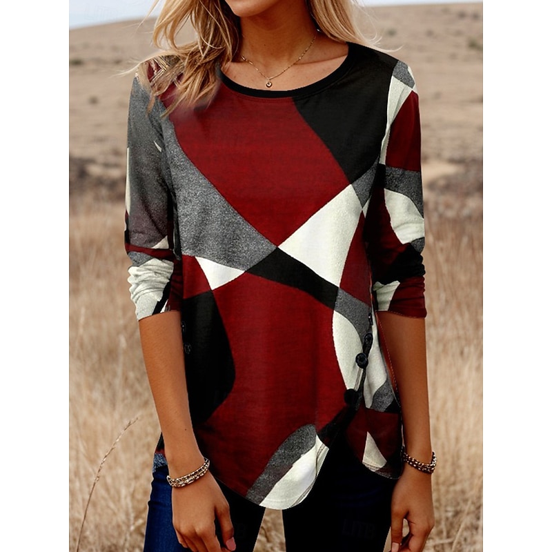 Women's T Shirt Graphic Geometric Vintage Stylish Ethnic Long Sleeve Crew Neck Regular Tops Daily Buttons Print Asymmetrical Red Blue Purple Green Spring Fall