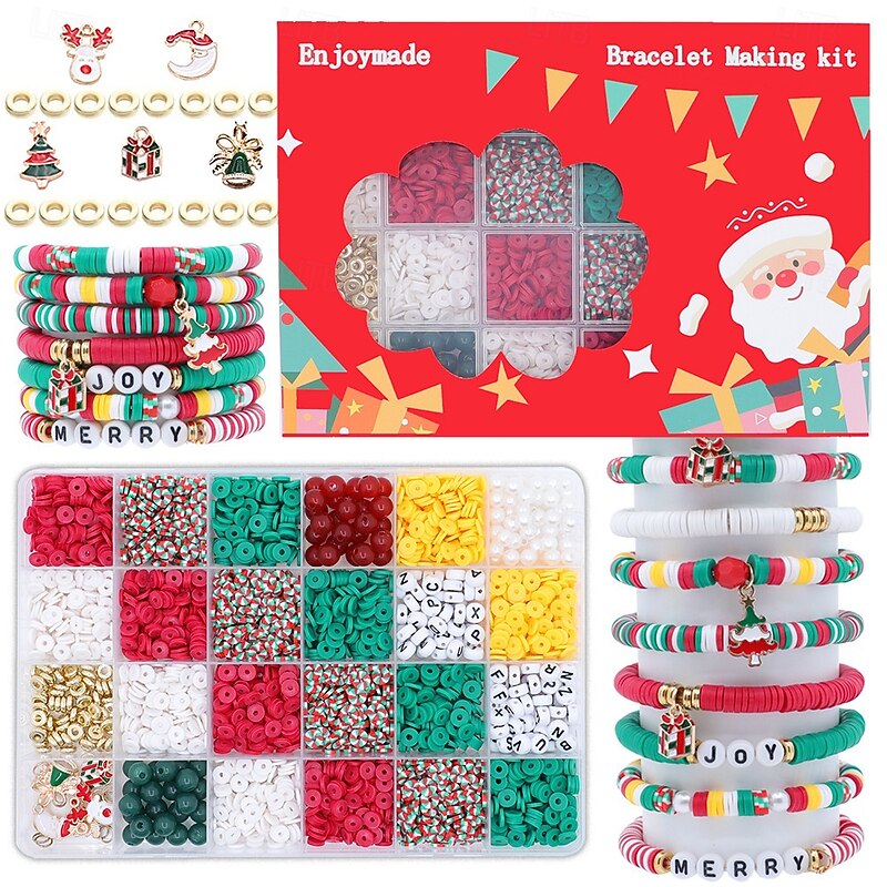 Christmas Beads for Jewelry Making, Christmas Tree Snowflake Charms, Red Green Polymer Clay Beads Assorted Crystal Bead Gold Heart Star Spacer Bead for Bracelet Necklace Making DIY Crafts