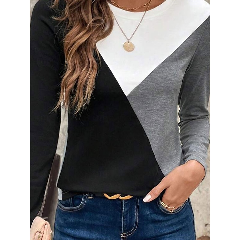 Women's T Shirt Graphic Geometric Vintage Stylish Classic Long Sleeve Crew Neck Regular Tops Daily Print Gray Spring Fall Winter3