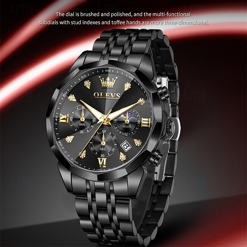 The New Olevs Men'S Business Watch With Luminous Calendar Small Three-Hand Moon Phase Display Multi-Functional Quartz Watch Waterproof Casual And Fashionable Men'S Sports Wristwatch3