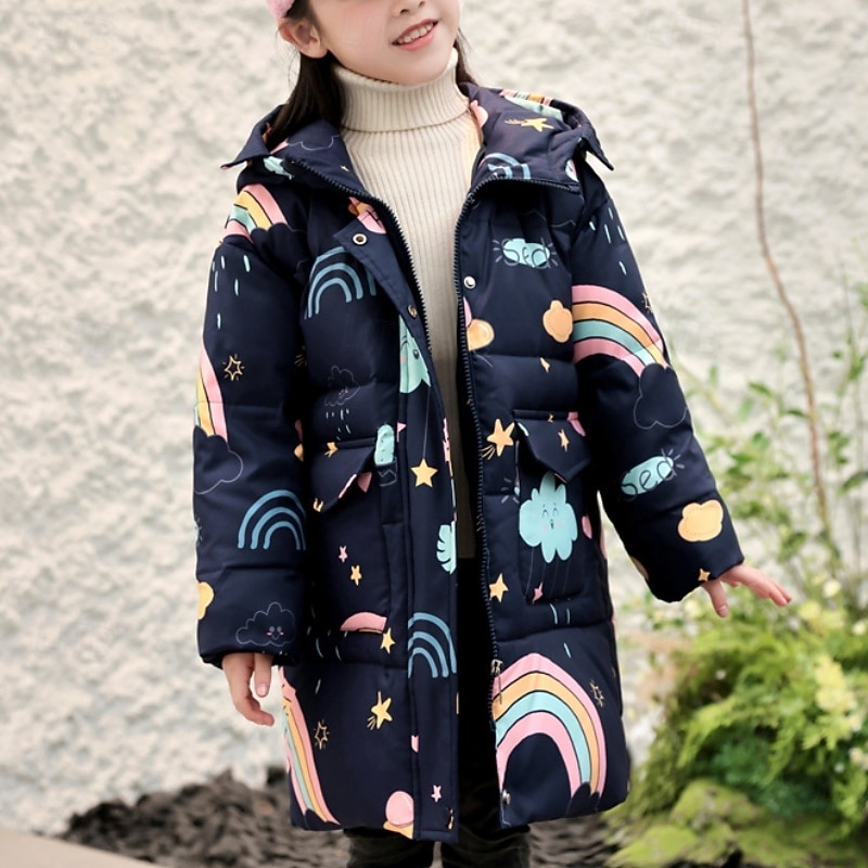 Kids Girls' Down Jacket Outdoor Jacket Puffer Jacket Rainbow Fashion Keep Warm Windproof Outdoor Coat Outerwear 4-12 Years Fall Pink Navy Blue Green2