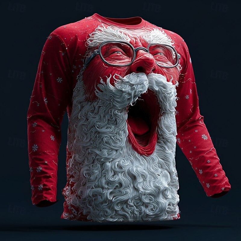 Christmas Men's Santa Claus 3D T Shirt Long Sleeve T shirt 3D Print Crew Neck Shirt Fashion Basic 3D Street Casual Daily White Red Red 2 Summer Spring Clothing Apparel S M L XL XXL XXXL