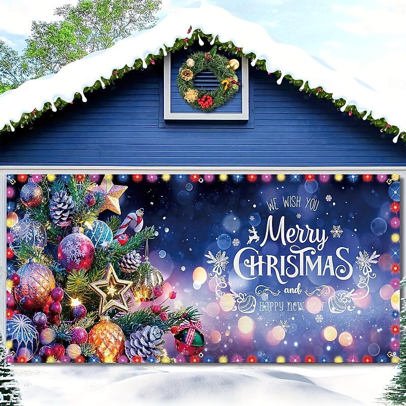 Christmas Outdoor Garage Door Cover Christmas House Sleigh Snowman Christmas Tree Large Tapestry Backdrop Decoration For Holiday Outdoor Garage Door Home Wall Decorations2