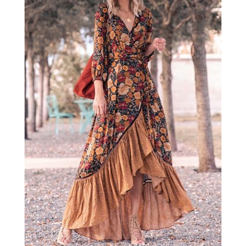 Women's Long Dress Maxi Dress Floral Dress Print Dress Fashion Modern Outdoor Party Daily Regular Fit Floral Long Sleeve V Neck Red Summer Spring Fall Autumn4