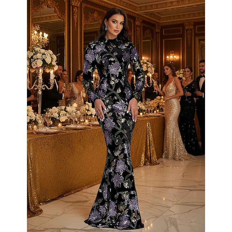Black Velvet Sequin Lace Applique Mermaid / Trumpet Evening Gown Elegant Dress Formal Wedding Floor Length Long Sleeve Mock Neck High Neck 2025
