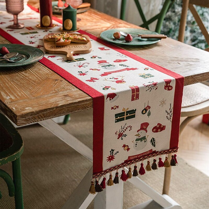 Christmas Style Thickened Cotton Linen Table Runner, American Holiday Long Rectangular Tablecloth for Dining Table, Coffee Table, TV Cabinet Cover