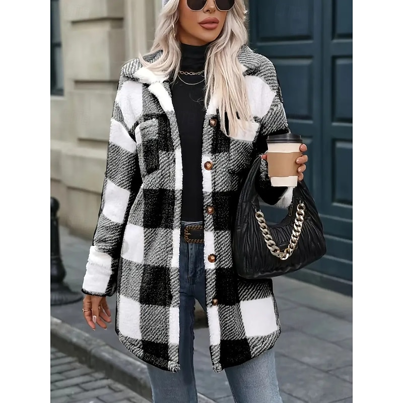 Women's Sherpa Jacket Comfortable Breathable Buttons Elegant Casual Plaid Vacation Street Casual Daily Wear Single Breasted Regular Turndown Regular Fit Long Sleeve Outerwear Black Khaki Spring Fall4
