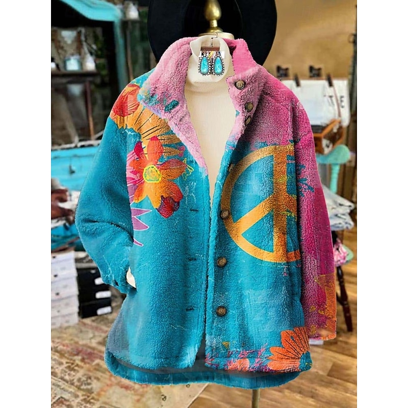 Women's Fleece Jacket Casual Jacket Comfortable Breathable Pocket Print Casual Floral Vacation Street Casual Daily Wear Zipper Regular Turndown Regular Fit Long Sleeve Outerwear Wine Blue Fuchsia3