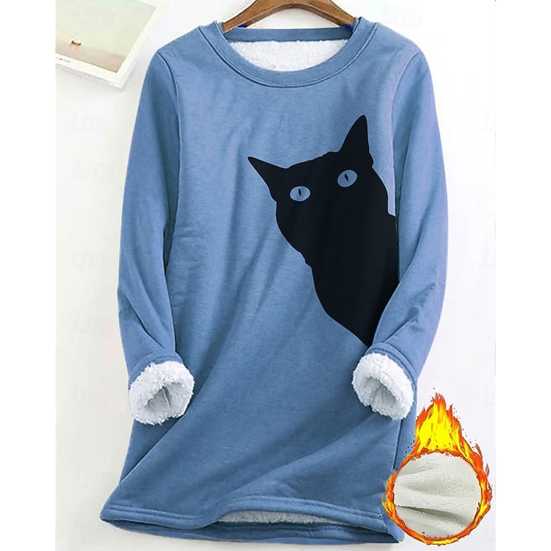 Women's Pullover Sweatshirt Animal Cat Fashion Basic Casual Long Sleeve Crew Neck Long Tops Street Dailywear Casual Print Fleece Lined Black Pink Dark Pink Blue Fall Winter4