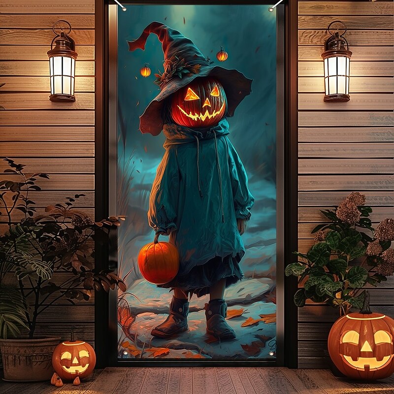 Halloween Door Covers Pumpkin and Scarecrow Tapestry Door Curtain Decoration, Spooky Harvest Backdrop Door Banner for Front Door Indoor Outdoor Haunted House Halloween Party Decor3