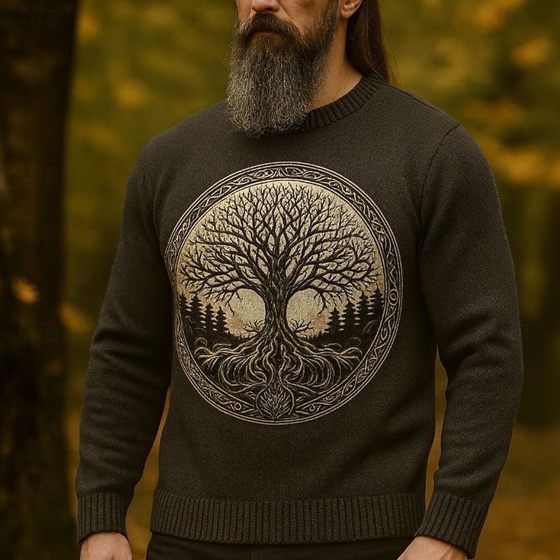 Men's Viking Pullover Sweater Jumper Knitwear Crewneck Retro Vintage Casual Vacation Daily 3D Print Graphic Keep Warm Long Sleeve Spring Fall Winter Black A Black B Brown3
