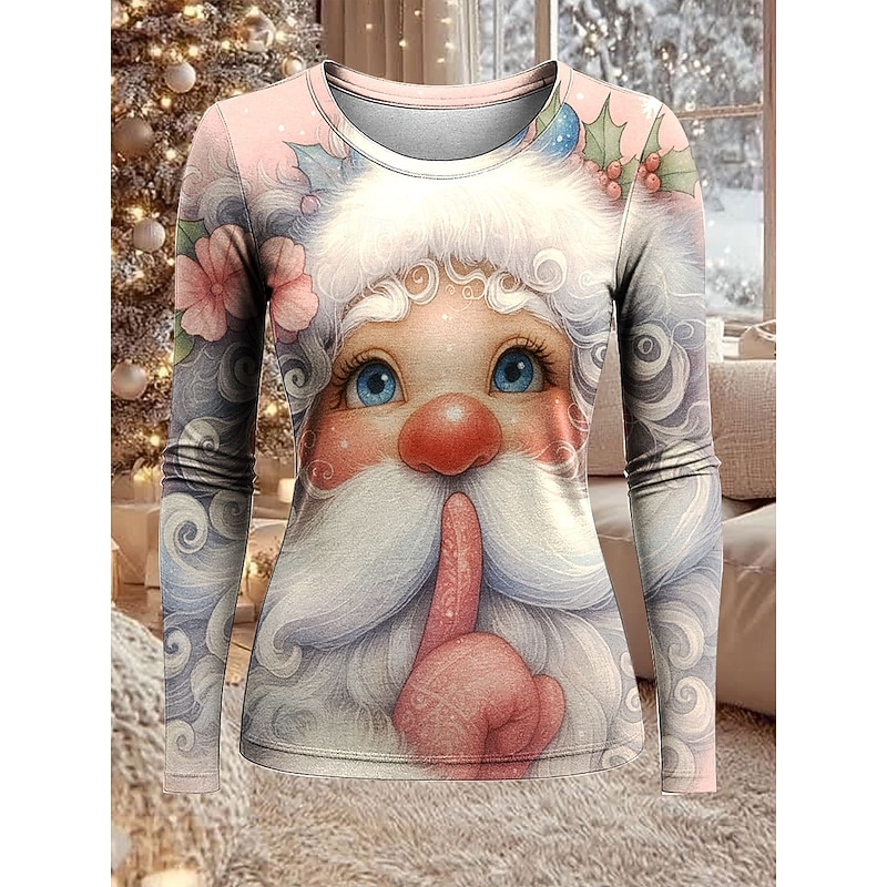 Christmas Women's T Shirt Graphic Santa Claus Fashion Casual Long Sleeve Crew Neck Regular Tops Daily Weekend Print Black White Pink Red Spring Fall Winter2