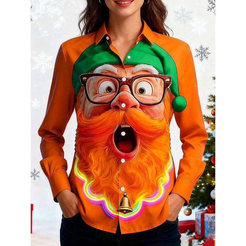 Christmas Women's Shirt Graphic Santa Claus Elegant Vintage Stylish Long Sleeve Shirt Collar Regular Tops Work Daily Holiday White Yellow Purple Orange Fall Winter4
