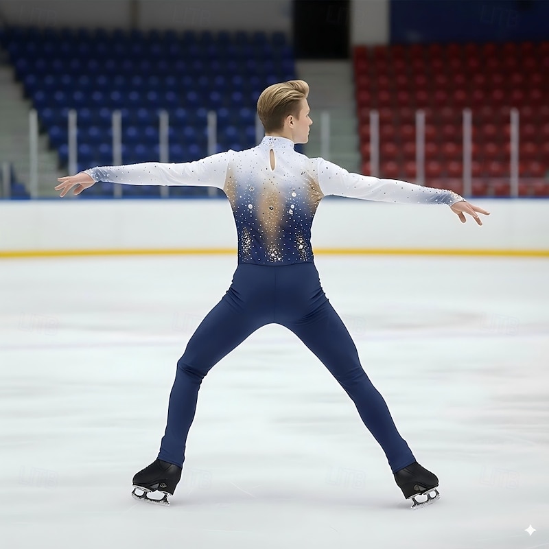 Figure Skating Top Men's Boys' Ice Skating Tops Blue White Patchwork Spandex High Elasticity Training Professional Competition Skating Wear Classic Crystal / Rhinestone Long Sleeve Ice Skating Figure2
