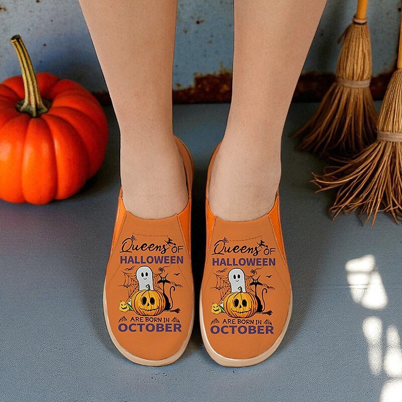 Women's Orange Wide Width Slip-On Shoes with Ghost and Pumpkin Print – Casual Shoes for Queens of Halloween October Birthday, Walking and Travel4