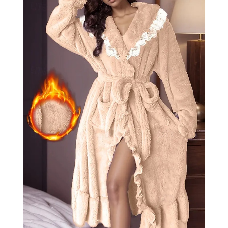 Women's Pajamas Nightgown Fashion Pure Color Lace Vacation Home Bed Long Sleeve Lapel Pink Purple Khaki Fall Winter Tailored Fit4