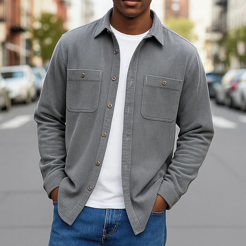Men's Corduroy Shirt Pink Navy Blue Purple Green Gray Long Sleeve Turndown School Training Pocket Clothing Apparel Vintage Casual4
