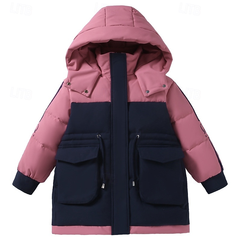 Kids Girls' Down Jacket Outdoor Jacket Puffer Jacket Color Block Fashion Waterproof Keep Warm Windproof Outdoor Coat Outerwear 4-12 Years Fall Pink Purple Khaki2