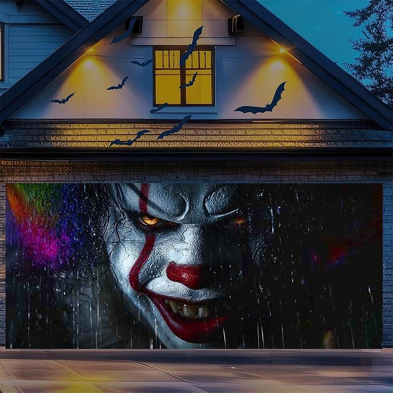 Halloween Garage Door Cover 3D Broken Wall Creepy Clown Face Banner Haunted House Horror Scene Spooky Backdrop Tapestry for Outdoor Wall Fence Yard Halloween Party Decoration4